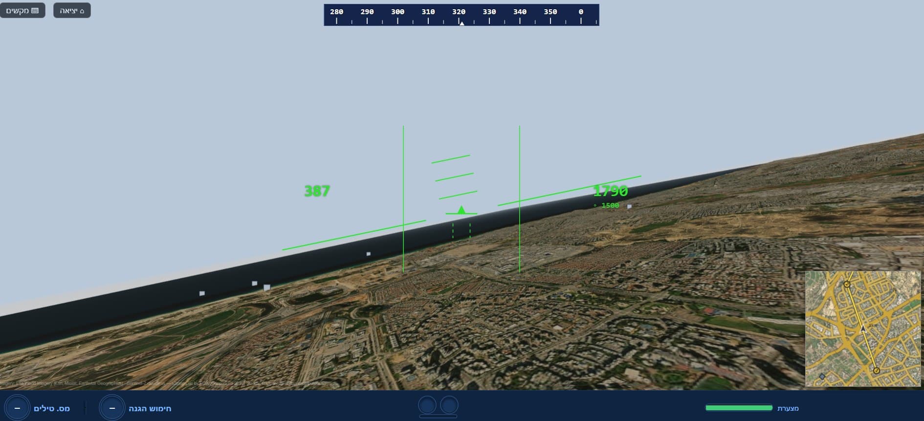צילום מסך מהסימולטור: תצוגת HUD ירוקה עם מהירות, גובה וגובה יעד, סרגל כיוון למעלה, מפת ניווט בפינה, וקו החוף של גוש דן מתחת